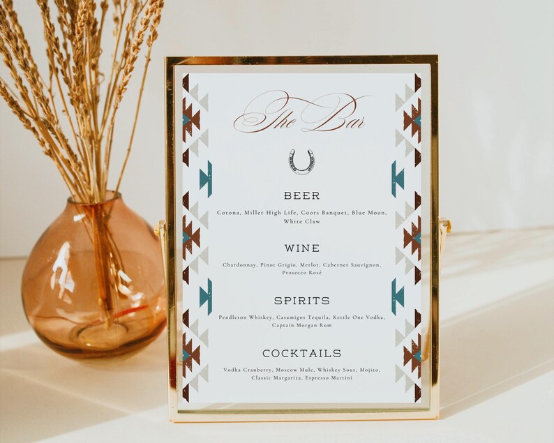 Southwestern Bar Menu Sign, Desert Ranch Wedding Drink Menu Template ...