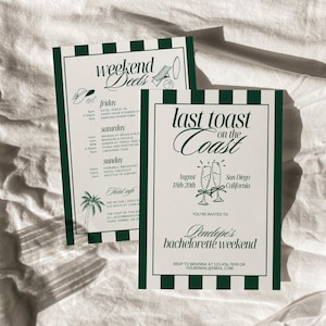 Last Toast on the Coast Bachelorette Itinerary, Emerald Green Beach Bachelorette Invitation, Old Money Coastal Bach Party Invite | Penny