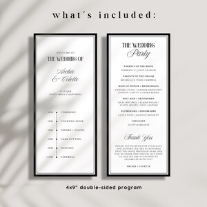 Pu&ograve; includere: Un programma di nozze in bianco e nero con un design semplice. Il lato anteriore include la data del matrimonio, la posizione e una sequenza temporale degli eventi. Il lato posteriore presenta i nomi della festa di nozze e un messaggio di ringraziamento da parte della coppia.