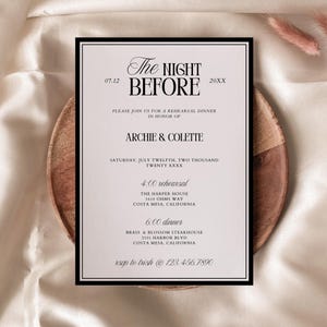 Plantilla clásica de invitación a cena de ensayo con dinero antiguo, invitación de ensayo de boda vintage atemporal, invitación minimalista de lujo / Coco