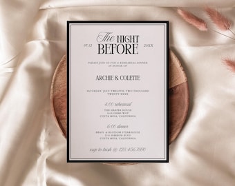 Modello di invito per la cena di prova in stile classico Old Money, invito per la prova di matrimonio vintage senza tempo, invito di lusso minimalista / Coco