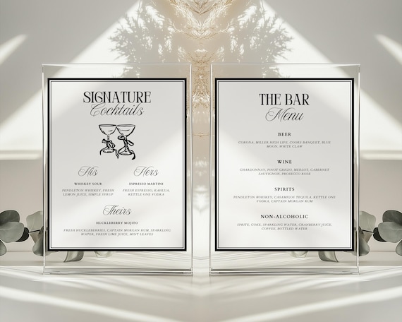 Classic Old Money Bar Menu & Signature Cocktails Sign, Timeless Wedding His and Hers Drinks Sign, Minimalist Luxury Drink Menu | Coco