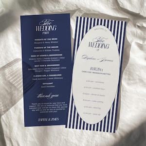 May include: Two navy blue wedding programs with white text. One program lists the wedding party, including the bride, groom, and officiant. The other program has a striped background and lists the wedding schedule, including the ceremony and reception details.