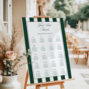 Plantilla de plano de asientos para boda con diseño de rayas de dinero antiguo, elegante letrero de plano de asientos para recepción en verde esmeralda, plano de asientos de mesa clásico/Penny