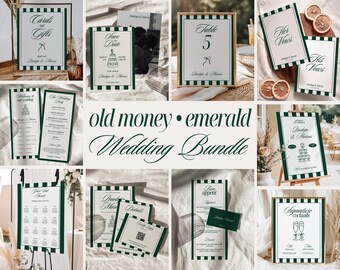 Old Money Striped Wedding Stationery Bundle, Elegant Emerald Green Wedding Template Set, Classic Vintage Canva Wedding Invitation | Penny