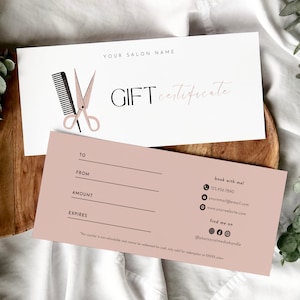 Modern Hair Stylist Gift Certificate Template, Editable Hair Dresser Gift Voucher, Blush Pink Salon Gift Card, Custom Cosmetologist Coupon