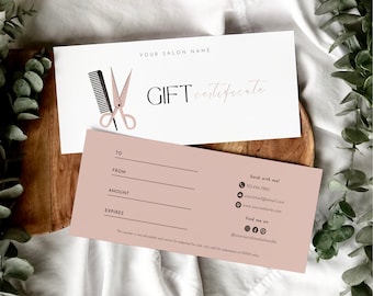 Modern Hair Stylist Gift Certificate Template, Editable Hair Dresser Gift Voucher, Blush Pink Salon Gift Card, Custom Cosmetologist Coupon