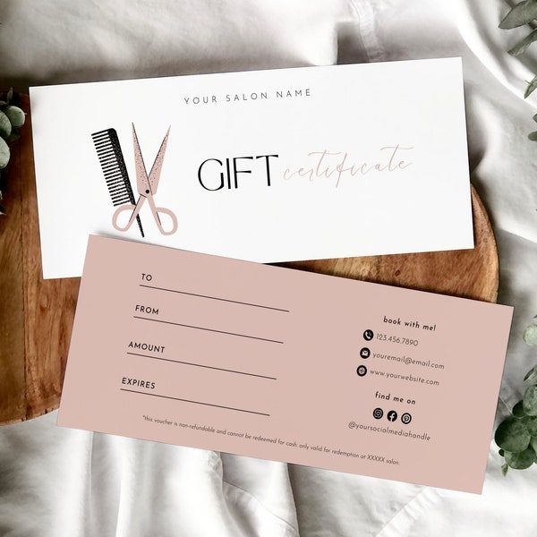 Modern Hair Stylist Gift Certificate Template, Editable Hair Dresser Gift Voucher, Blush Pink Salon Gift Card, Custom Cosmetologist Coupon