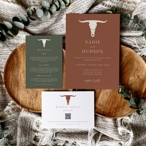 Western Terracotta Wedding Invitation Suite, Desert Rust Wedding Invitation Template Set, Boho Burnt Orange Wedding Invite, Longhorn | Sadie