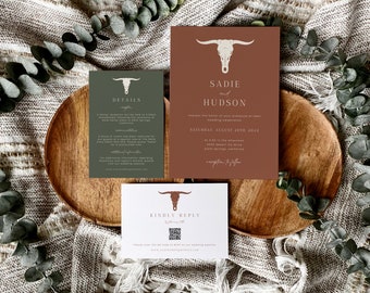 Western Terracotta Wedding Invitation Suite, Desert Rust Wedding Invitation Template Set, Boho Burnt Orange Wedding Invite, Longhorn - Sadie