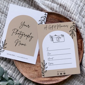 Plantilla de certificado de regalo de fotografía bohemia, tarjeta de regalo imprimible para fotógrafo, vale de regalo para sesión de fotos, cupón bohemia para pequeñas empresas.