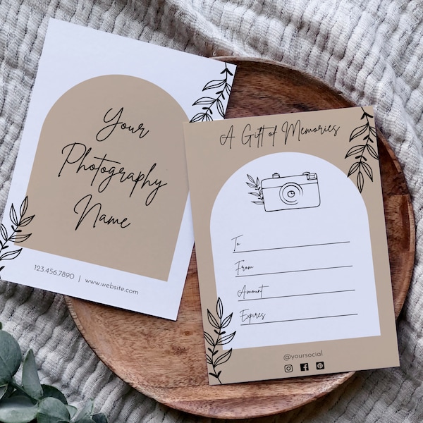 Plantilla de certificado de regalo de fotografía boho, tarjeta de regalo de fotógrafo imprimible, vale de regalo de sesión de fotos, cupón de pequeña empresa boho