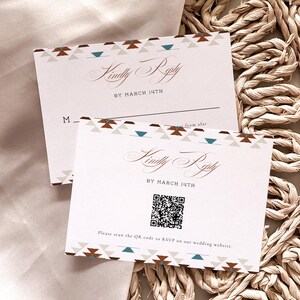 Modelo de Cartão de Resposta para Casamento no Deserto, Cartão de Resposta para Casamento no Deserto, Cartão de Resposta com QR Code Tribal Turquesa, Cartão Postal de Resposta Gentil | Grace