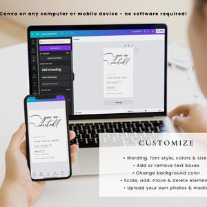 K&ouml;nnte beinhalten: Auf dem Bildschirm eines Laptops ist eine anpassbare Einladungsvorlage mit dem Text "you're invited!" in einer handschriftlichen Schriftart zu sehen. Die Einladung ist f&uuml;r eine besondere Veranstaltung. Unter dem Laptop-Bildschirm wird der Text "CUSTOMIZE" angezeigt, zusammen mit einer Liste von Anpassungsm&ouml;glichkeiten, darunter Wortlaut, Schriftstil, Farben, Gr&ouml;&szlig;en, Textfelder, Hintergrundfarbe und Elemente. Das Bild zeigt, wie man eine Einladungsvorlage mit Canva bearbeitet.