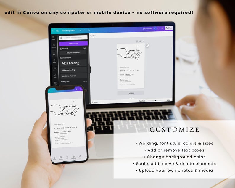 K&ouml;nnte beinhalten: Auf dem Bildschirm eines Laptops ist eine anpassbare Einladungsvorlage mit dem Text "you're invited!" in einer handschriftlichen Schriftart zu sehen. Die Einladung ist f&uuml;r eine besondere Veranstaltung. Unter dem Laptop-Bildschirm wird der Text "CUSTOMIZE" angezeigt, zusammen mit einer Liste von Anpassungsm&ouml;glichkeiten, darunter Wortlaut, Schriftstil, Farben, Gr&ouml;&szlig;en, Textfelder, Hintergrundfarbe und Elemente. Das Bild zeigt, wie man eine Einladungsvorlage mit Canva bearbeitet.