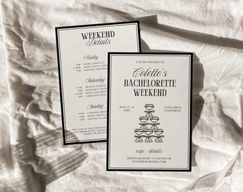 Classic Old Money Bachelorette Itinerary Template, Minimalist Luxury Bachelorette Party Invitation, Timeless Bach Weekend Invite | Coco