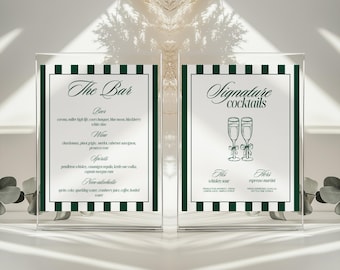 Old Money Striped Bar Menu & Signature Cocktails Sign, Elegant Emerald Wedding His and Hers Drinks Sign, Classic Vintage Drink Menu | Penny