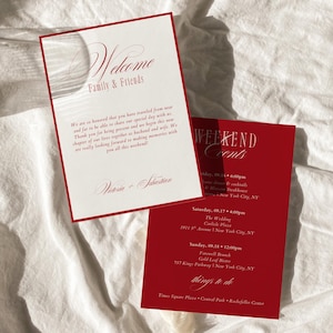 de calendrier de mariages de luxe intemporelle, itinéraire de week-end de mariage rouge romantique, calendrier d'événements de mariage élégant de style ancien | Tori