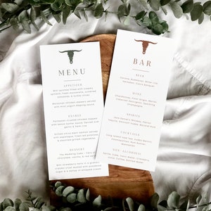 May include: A white menu card with a brown bull head logo at the top. The menu lists appetizers, entrees, and desserts. A white bar menu card with a brown bull head logo at the top lists beer, wine, spirits, cocktails, and non-alcoholic drinks.