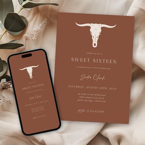 Western Terracotta Sweet 16 Invitation Template, Desert Rust 16th Birthday Invite, Burnt Orange Longhorn Sweet Sixteen Invitation | Sadie
