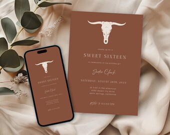 Western Terracotta Sweet 16 Invitation Template, Desert Rust 16th Birthday Invite, Burnt Orange Longhorn Sweet Sixteen Invitation | Sadie