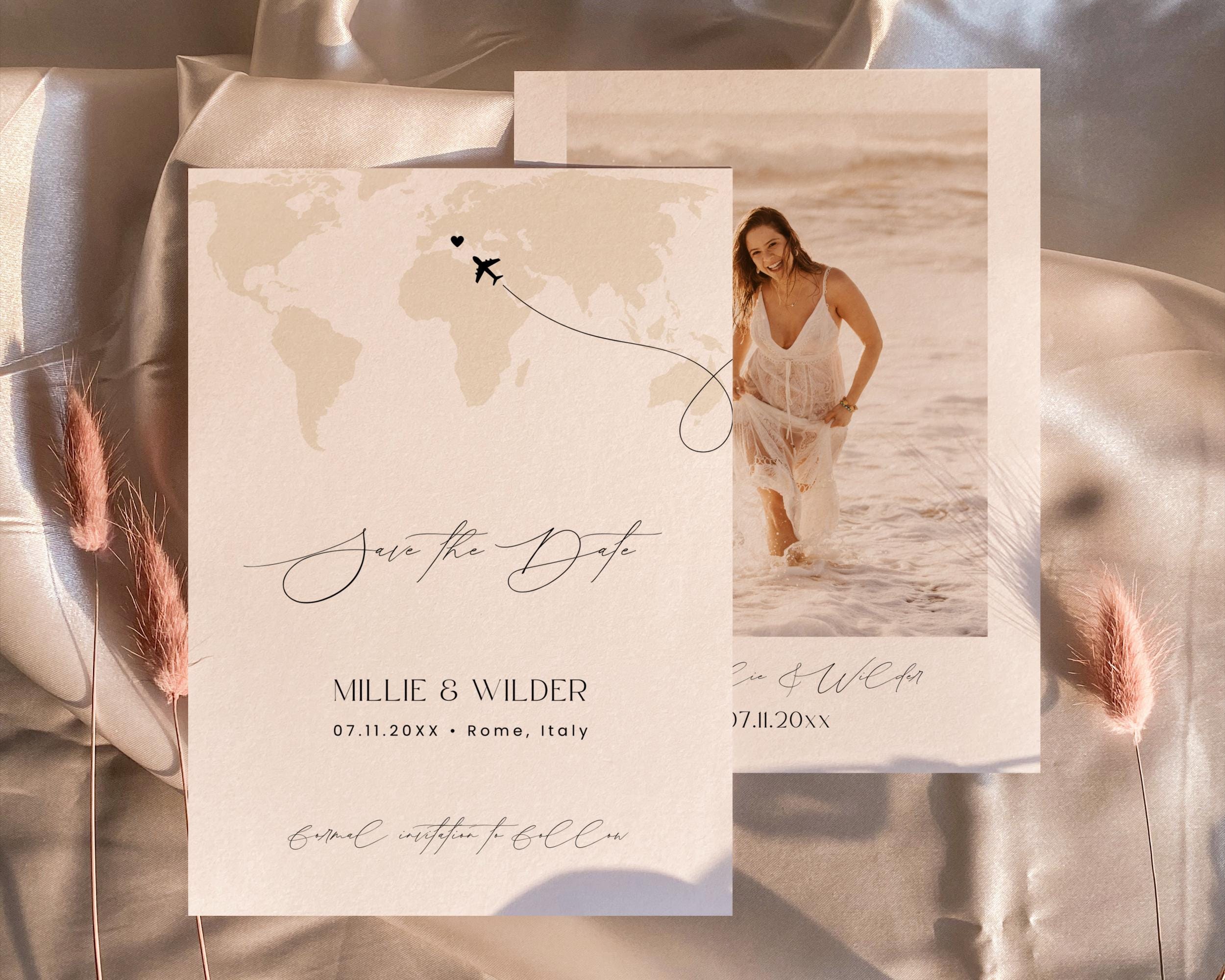 Destination Save the Date Template, Beige World Map Save our Date Card, Travel Wedding Announcement, Meet Us In Save the Date | Millie