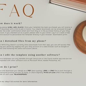 K&ouml;nnte beinhalten: FAQ-Bereich f&uuml;r ein digitales Produkt, der erkl&auml;rt, wie man die Vorlage bestellt, bearbeitet und druckt. Der Text erw&auml;hnt die Verwendung von Canva f&uuml;r die Bearbeitung und bietet einen Rabattcode "BLACKASPEN10".