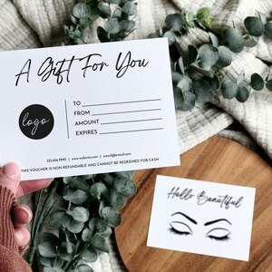 Certificado de regalo imprimible para pestañas, plantilla de tarjeta de regalo para extensiones de pestañas, vale de regalo minimalista para cejas, cupón moderno para pequeñas empresas.