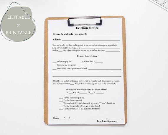 printable eviction notice editable notice to vacate form etsy
