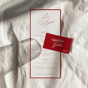 Timeless Luxury Menu & Place Card Set, Romantic Red Wedding Dinner Menu Card, Elegant Old Money Reception Name Cards, Bon Appetit | Tori