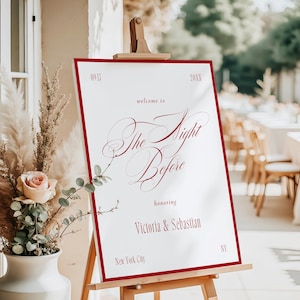 Modello di cartello di benvenuto per la cena di prova di lusso senza tempo, cartello d'ingresso per la prova di matrimonio rosso romantico, poster "Old Money The Night Before" / Tori