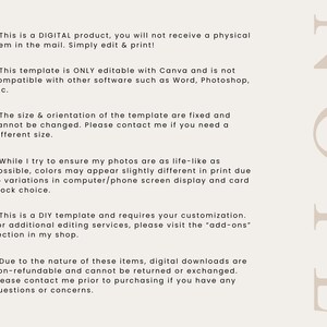 May include: A white background with black text outlining the terms of use for a digital product. The text includes information about the product being digital, editable only with Canva, and the size and orientation being fixed. The text also mentions that the product is non-refundable and cannot be returned or exchanged. The text is centered on the page and is in a simple, easy-to-read font.