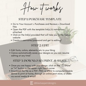 May include: A step-by-step guide on how to purchase, edit, download, print, and share a digital template. The guide includes instructions on how to access the template, edit it using Canva, and download the final design.
