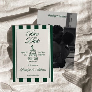 Altes Geld Gestreifte Save the Date Vorlage, Elegante Smaragdgrün Speichern Sie unsere Datumskarte, klassische Vintage Foto Hochzeitsansage | Pfennig