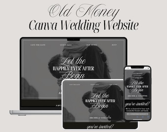 Klassische alte Geld Canva Hochzeitswebsite-Vorlage, minimalistische digitale Hochzeitswebseite, zeitlose Vintage Antwortkarte Website | Kokos