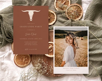 Western Terracotta Graduation Invitation Template, Desert Rust Graduation Announcement, Boho Burnt Orange Photo Graduation Invite | Sadie