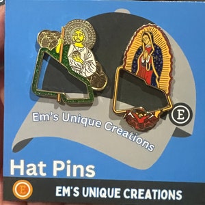 Hat pins, religious hat pins, virgin pin, San Judas pin