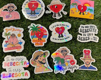 12 pack of bad bunny holo shiny stickers, bad bunny stickers, bad bunny un verano sin ti sticker pack, bad bunny stickers free shipping