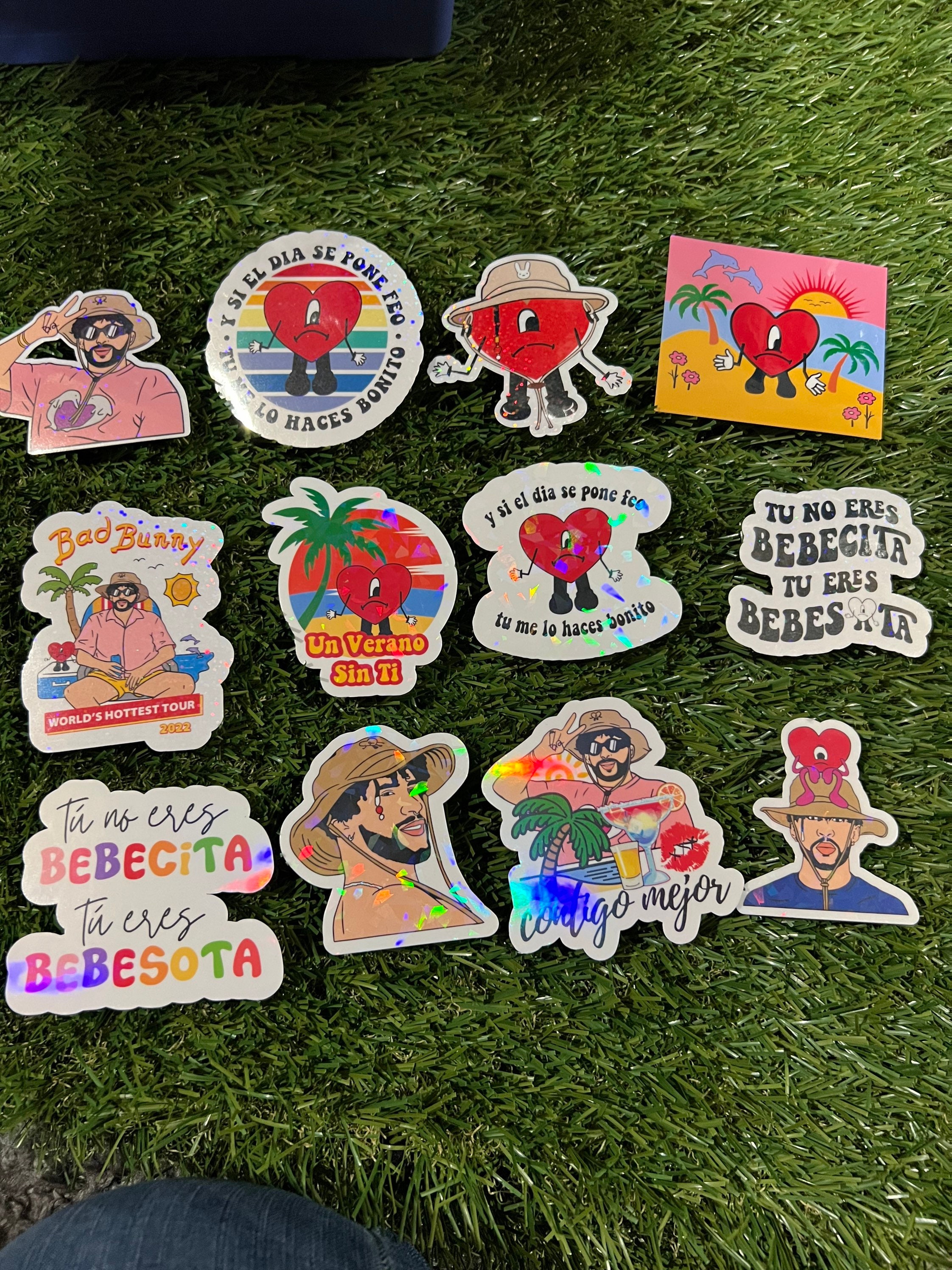 12 pack of bad bunny holo shiny stickers, bad bunny stickers, bad bunny un verano sin ti sticker pack, bad bunny stickers free shipping