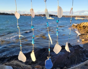 Blue embossed Sea Glass mobile from the coast of Maine