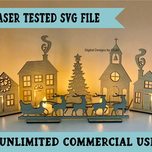 Christmas Village Glowforge File - Christmas Town SVG File -  Candle Holder SVG - Christmas Decor Laser File - Farmhouse Decor - Minimalist