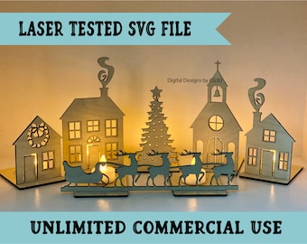 Christmas Village Glowforge File - Christmas Town SVG File -  Candle Holder SVG - Christmas Decor Laser File - Farmhouse Decor - Minimalist