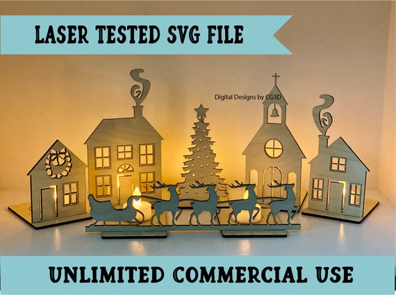 Christmas Village Glowforge File - Christmas Town SVG File -  Candle Holder SVG - Christmas Decor Laser File - Farmhouse Decor - Minimalist