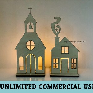 May include: Two wooden candle holders, one shaped like a church and the other like a house, with a lit candle inside each. The church has a cross on top and a bell in the tower. The house has a chimney with smoke coming out of it. The text "Digital Designs by CG3D" is visible on the house. The text "UNLIMITED COMMERCIAL USE" is visible at the bottom of the image.