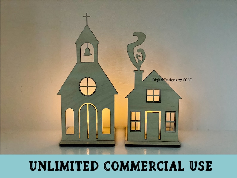 May include: Two wooden candle holders, one shaped like a church and the other like a house, with a lit candle inside each. The church has a cross on top and a bell in the tower. The house has a chimney with smoke coming out of it. The text "Digital Designs by CG3D" is visible on the house. The text "UNLIMITED COMMERCIAL USE" is visible at the bottom of the image.