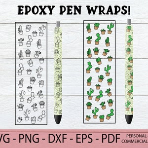 May include: Three digital designs for pen wraps featuring a repeating pattern of potted cactus plants. The designs are in black and white, green and white, and green and brown. The text "EPOXY PEN WRAPS!" is at the top of the image. The text "SVG - PNG - DXF - EPS - PDF PERSONAL & COMMERCIAL USE" is at the bottom of the image.
