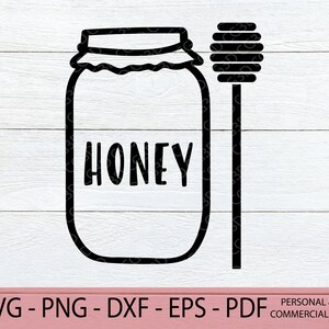 May include: Black and white silhouette of a honey jar with the word "honey" written on it and a honey dipper.