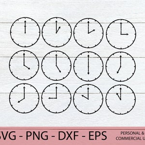 May include: Twelve black and white clock faces with different hand positions. The clock faces are arranged in a grid pattern.