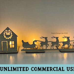 May include: A wooden Christmas decoration set featuring a house with a wreath, a sleigh pulled by four reindeer, and a lit candle in each piece. The set is made of wood and has a natural finish.  Digital Designs by CG3D. Unlimited Commercial Use.