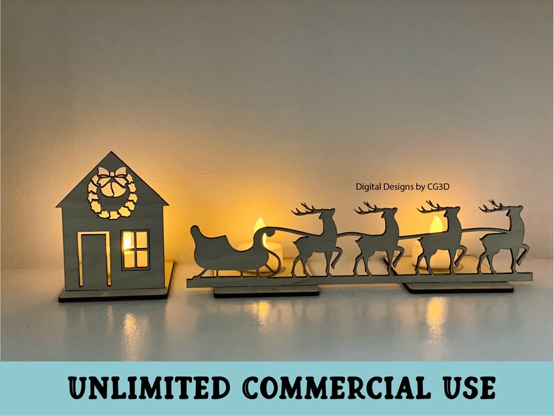 May include: A wooden Christmas decoration set featuring a house with a wreath, a sleigh pulled by four reindeer, and a lit candle in each piece. The set is made of wood and has a natural finish.  Digital Designs by CG3D. Unlimited Commercial Use.